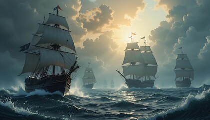 Fototapeta premium Sailing Ships Navigating Rough Seas Under Dramatic Cloudy Sky