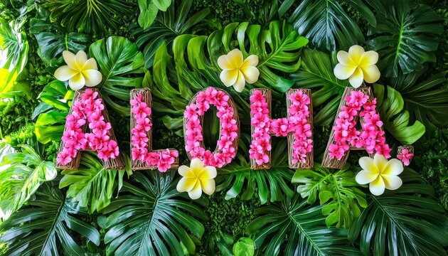 Tropical Aloha Floral Arrangement, Green Leaves, Vivid Flowers, Wall Decoration, Studio Shot