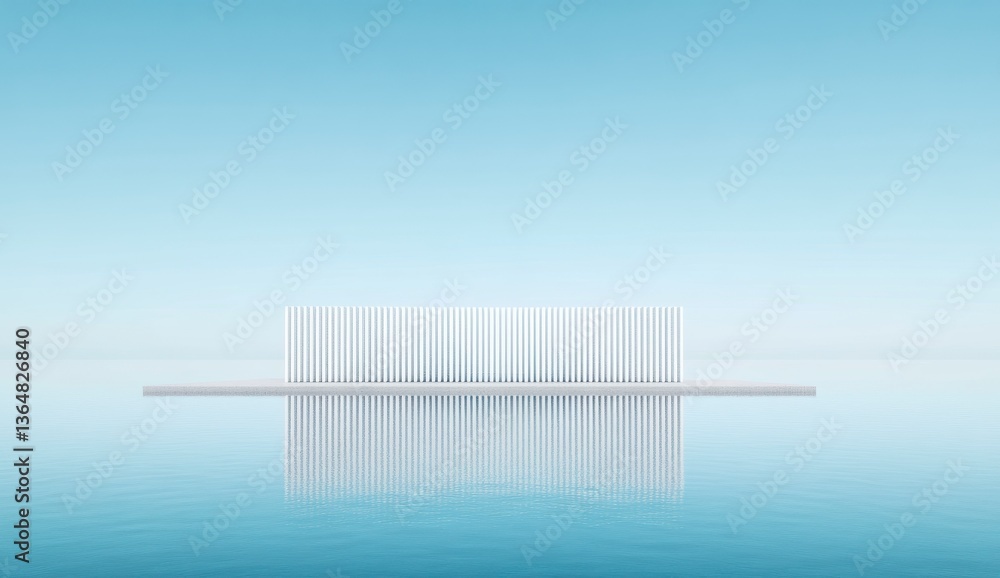 Poster a large white building is reflected in the water. the image has a calm and serene mood, with the wat