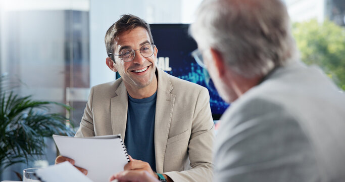 Documents, finance and meeting with business people in office boardroom together for portfolio management. Accounting, budget and collaboration with employee team in workplace for investment