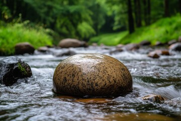 A smooth river stone in the middle of a flowing stream, water rushing past its sides