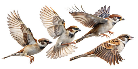 Obraz premium House Sparrows in Flight – Isolated on White Background, Transparent PNG, AI-Generated