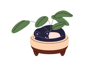 Naughty cat sleeps in ceramic flower pot. Asleep funny kitten lying curled up in flowerpot. Tired cute kitty has a rest, napping in houseplant. Flat isolated vector illustration on white background