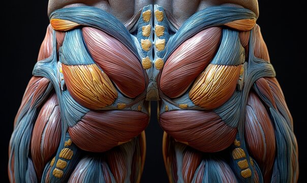 Anatomy of the human body with isolated muscle maps on a black background, featuring a 3D rendering of a fitness model with visible abs, cropped at the top, viewed from the front, and showcasing