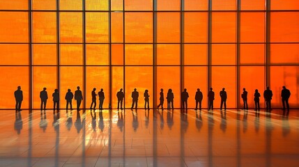 Silhouetted Figures Against Vibrant Orange Window Background