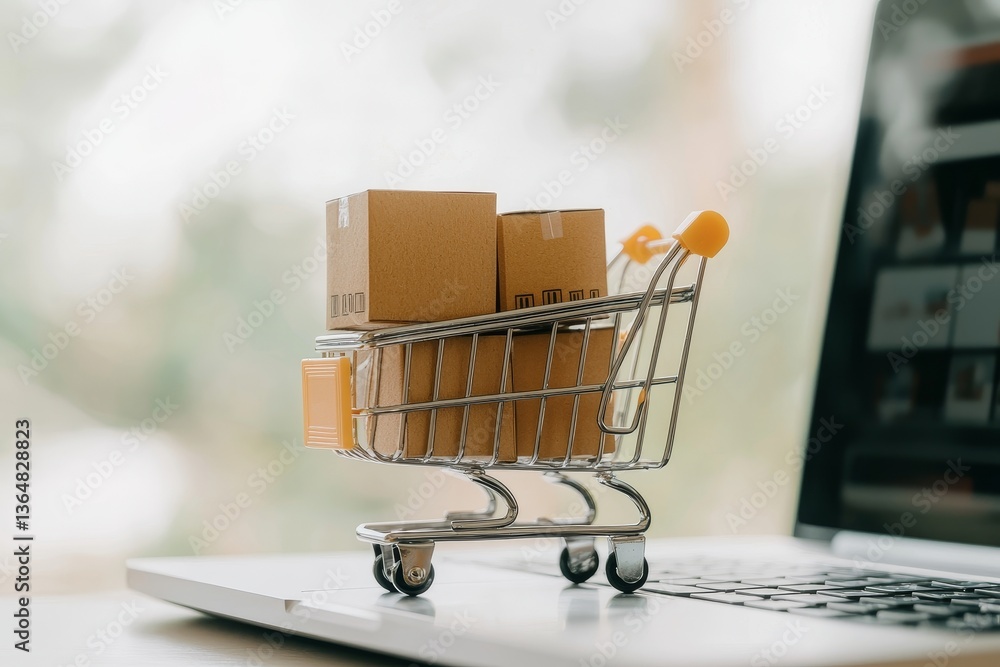 Poster the concept of shopping online involves delivering products through a computer or laptop screen to a