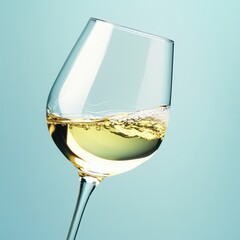 A glass filled with sparkling white wine is elegantly tilted, capturing light reflections against a smooth light blue background. Bubbles rise and shimmer, highlighting its freshness