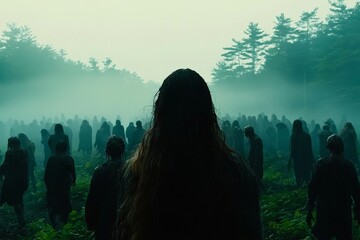A group of zombies is walking on a cold winter day in a forest covered with snow, and it is not based on any real person, scene, or pattern