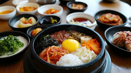 A vibrant bowl of bibimbap features rice topped with vegetables, a fried egg, and beef, accompanied by various Korean side dishes in small bowls during lunchtime