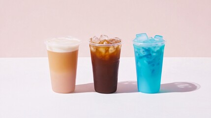 Refreshing Beverage Trio in Transparent Cups on a Light Background