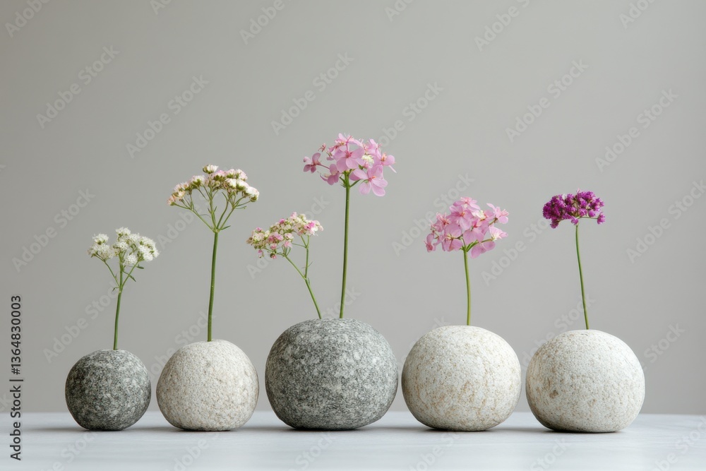Aufkleber a row of small vases with flowers in them. the vases are made of stone and are arranged in a line. t