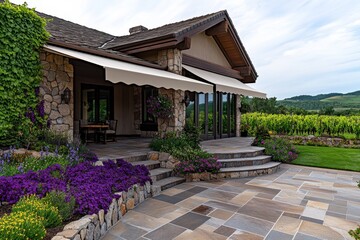 A vineyard estate with a stone patio, a large cream-colored awning, and a beautiful landscape in the background