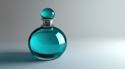 Obraz premium A beautifully crafted turquoise glass perfume bottle sits elegantly on a smooth surface, illuminated by gentle natural light. The round design adds a touch of sophistication