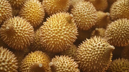 A background of durian fruit, each one covered in spiky thorns, creating an exotic and textured backdrop.