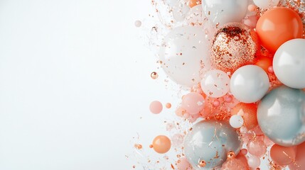 Celebratory floating balloons and shimmering confetti on a clean backdrop