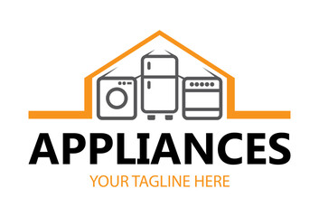 Modern minimalist home appliance store logo. Refrigerator stove and washing machine icon.