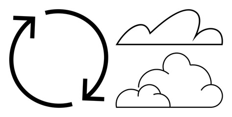 Circular arrow paired with a single-line and fluffy clouds symbolizing renewable cycles, sustainability, or environmental awareness. Ideal for growth, collaboration, eco-friendly concepts