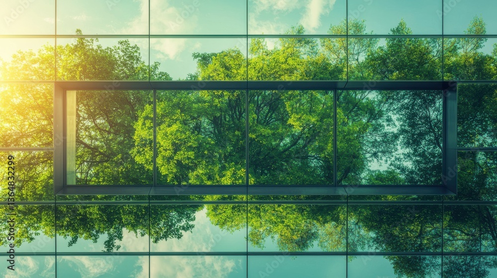 Poster a serene tranquil landscape reflected in the glass of a modern architectural structure creating a ha