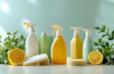 Eco-friendly cleaning products include spray bottles, natural sponges. Organic household supplies embody sustainable living. Non-toxic cleanser with lemon, vinegar, soda for safe home hygiene,