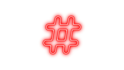 Neon hashtag icon red color glow with transparent background