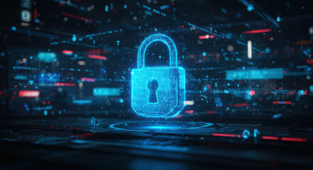 A digital padlock represents cybersecurity and data protection in the digital age.