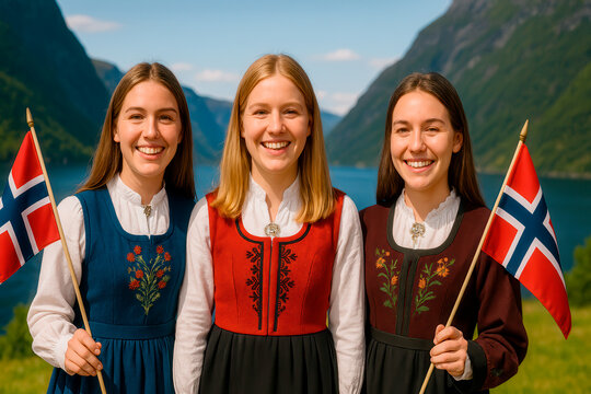 Young friends in traditional Norwegian bunads celebrating Norway's Constitution Day on May 17th, holding national flags by a scenic fjord.