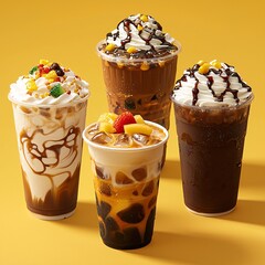 Refreshing Beverages in Colorful Cups with Toppings on Bright Backdrop