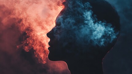 Silhouette of a person with smoke coming out of their head. Conceptual image about thinking, ideas, dreams, and imagination.