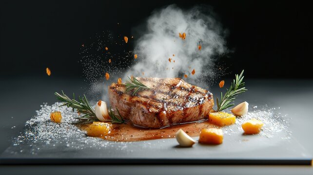 Juicy grilled steak with rosemary, garlic, and spices, artfully presented on a black slate surface.