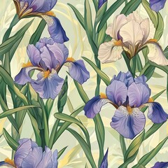 Irises flowers plants floral blooming botanical seamless pattern ornament design, tile