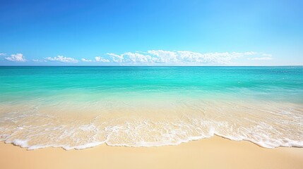 A beachside setting with golden sand and turquoise water,