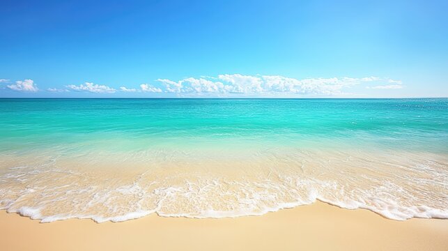 A beachside setting with golden sand and turquoise water,