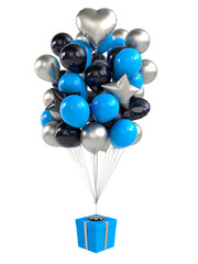 Set of balloons with gift on string. Gold, blue and black colors. 3d rendering