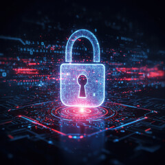 A glowing padlock represents digital security and data encryption on a circuit board.