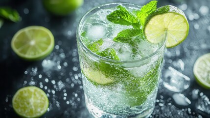 Fototapeta premium a classic mojito cocktail in a frosted glass, packed with crushed ice, fresh mint leaves, lime slices, and sparkling water, with condensation forming on the glass. 