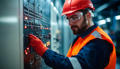 Electrician wearing safety glasses, red hard hat, reflective orange vest closes electrical cabinet in industrial control room using lockout tagout procedure. Worker secures energy source. Safety at