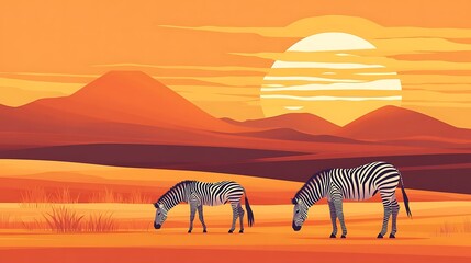 Zebras Sunset African Savanna.