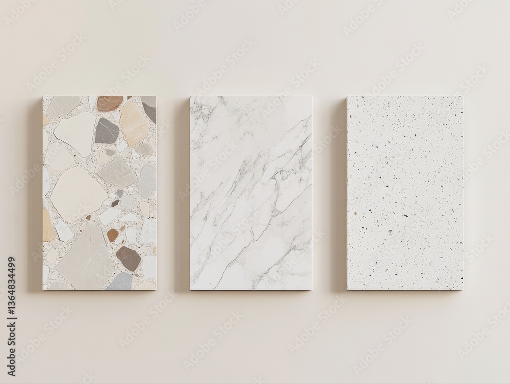 Poster three white boxes with different textures and patterns. the first box has a rough texture, the secon
