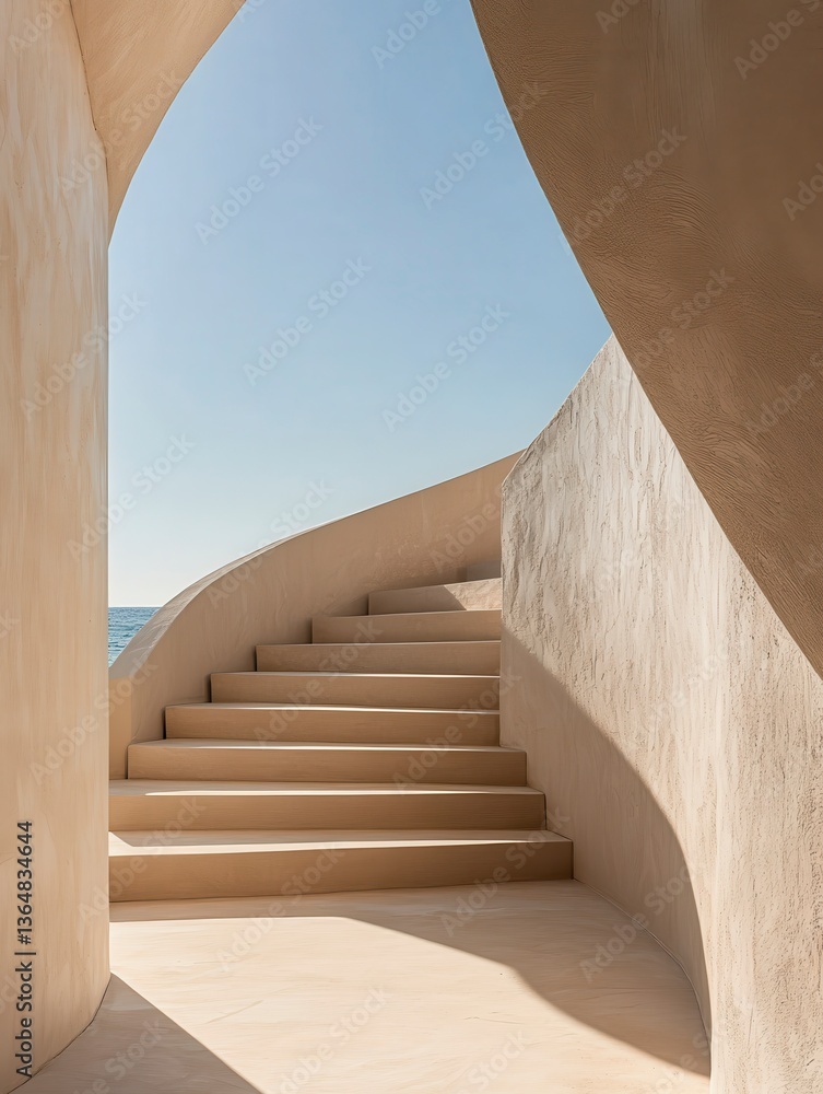 Aufkleber a staircase is shown in a building with a view of the ocean. the staircase is made of stone and is v