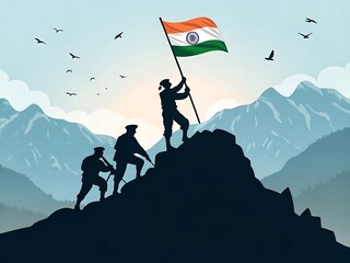 Indian Soldiers Raising National Flag on Mountain &ndash; Patriotism and Victory