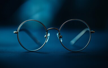 Round glasses placed on a blue background with soft lighting highlighting their unique design and frame details