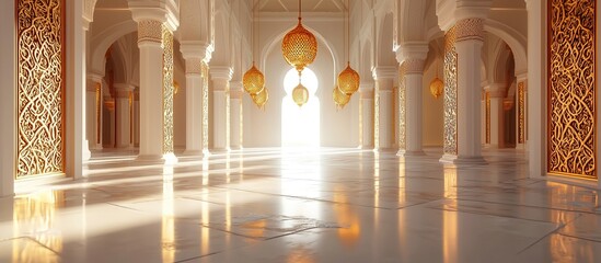 Interior of a beautiful mosque with ornate pillars and lights shining through