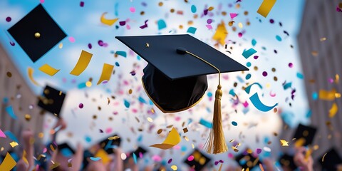 Graduation cap tossed in the air with confetti explosion – Celebration, success, academic achievement, milestone moment.


