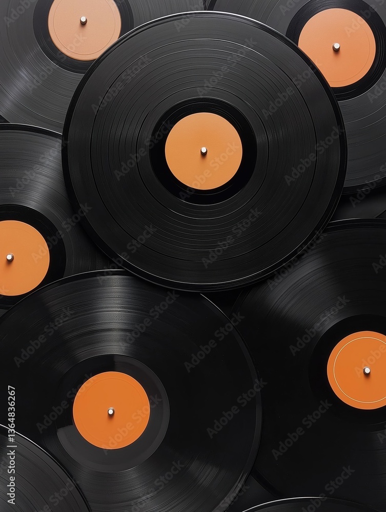 Poster group of multiple vinyl records stacked on top of each other. the records are black in color and hav