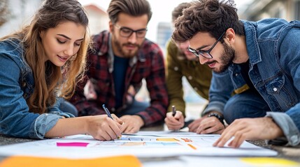 Fototapeta premium Group of Young Professionals Collaborating on Project Outdoors