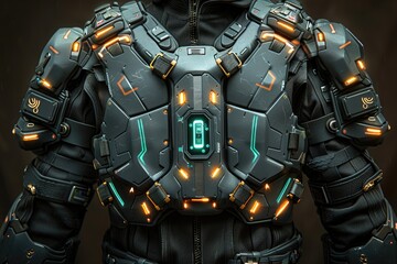 A futuristic black technological armored chest piece with neon highlights