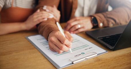 Couple, laptop and hands with writing on document for loan application, asset management or...