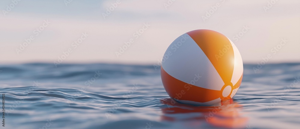 Poster single orange and white beach ball floating on the surface of the ocean. the ball is spherical in sh