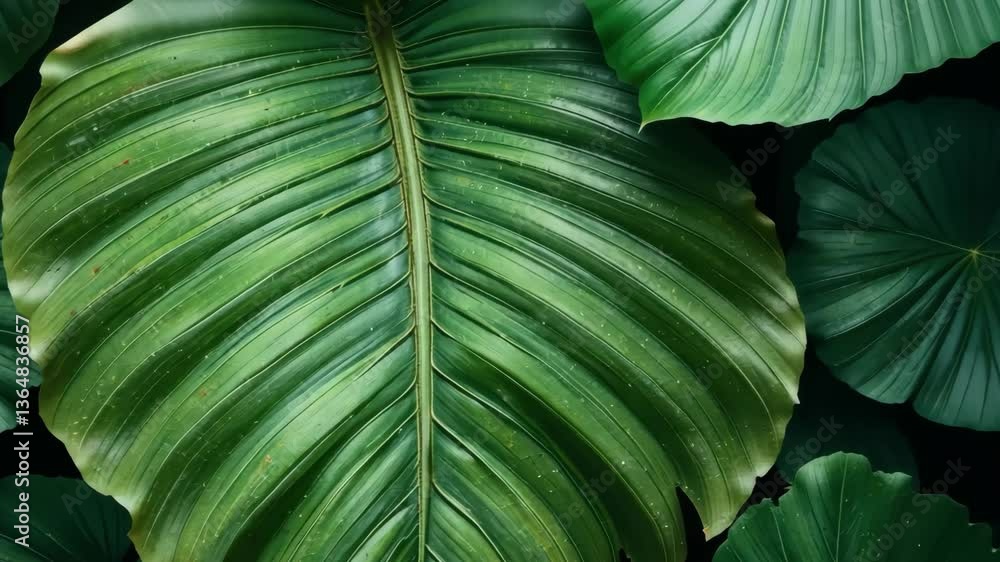 Poster detailed green leaf with textured surface in a dark background close-up showing natural patterns