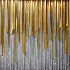 A close-up of a glittering New Year's Eve party backdrop with shimmering metallic streamers and sparkles, creating a glamorous and festive atmosphere.